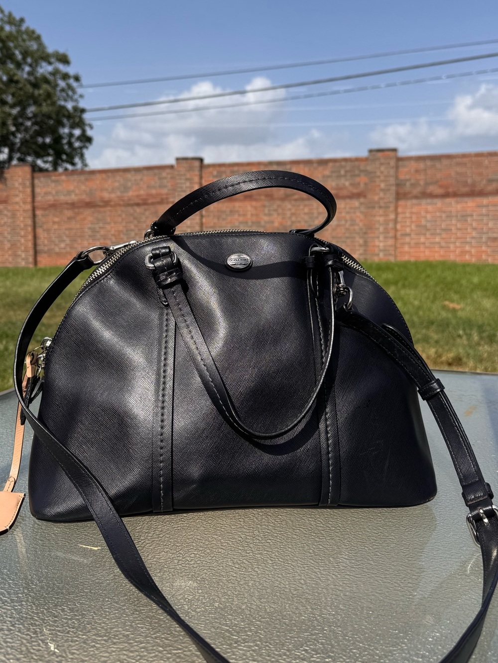 Black Leather Dome Satchel Handbag - Unbranded